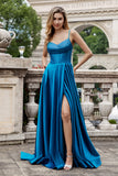 Sparkly Dark Blue A Line Pleated Corset Beaded Long Prom Dress With Slit Sparkly Dark Blue A Line Pleated Corset Beaded Long Prom Dress With Slit