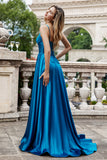 Sparkly Dark Blue A Line Pleated Corset Beaded Long Prom Dress With Slit Sparkly Dark Blue A Line Pleated Corset Beaded Long Prom Dress With Slit