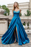Sparkly Dark Blue A Line Pleated Corset Beaded Long Prom Dress With Slit Sparkly Dark Blue A Line Pleated Corset Beaded Long Prom Dress With Slit