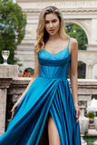 Sparkly Dark Blue A Line Pleated Corset Beaded Long Prom Dress With Slit Sparkly Dark Blue A Line Pleated Corset Beaded Long Prom Dress With Slit
