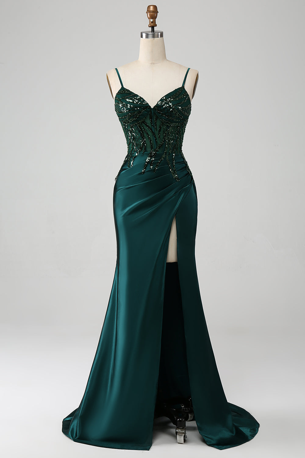 Zapaka Women Sparkly Dark Green Prom Dress Mermaid Spaghetti Straps Pleated Corset Party Dresswith Slit, Dark Green / UK32 Zapaka Women Sparkly Dark Green Prom Dress Mermaid Spaghetti Straps Pleated Corset Party Dresswith Slit, Dark Green / UK32