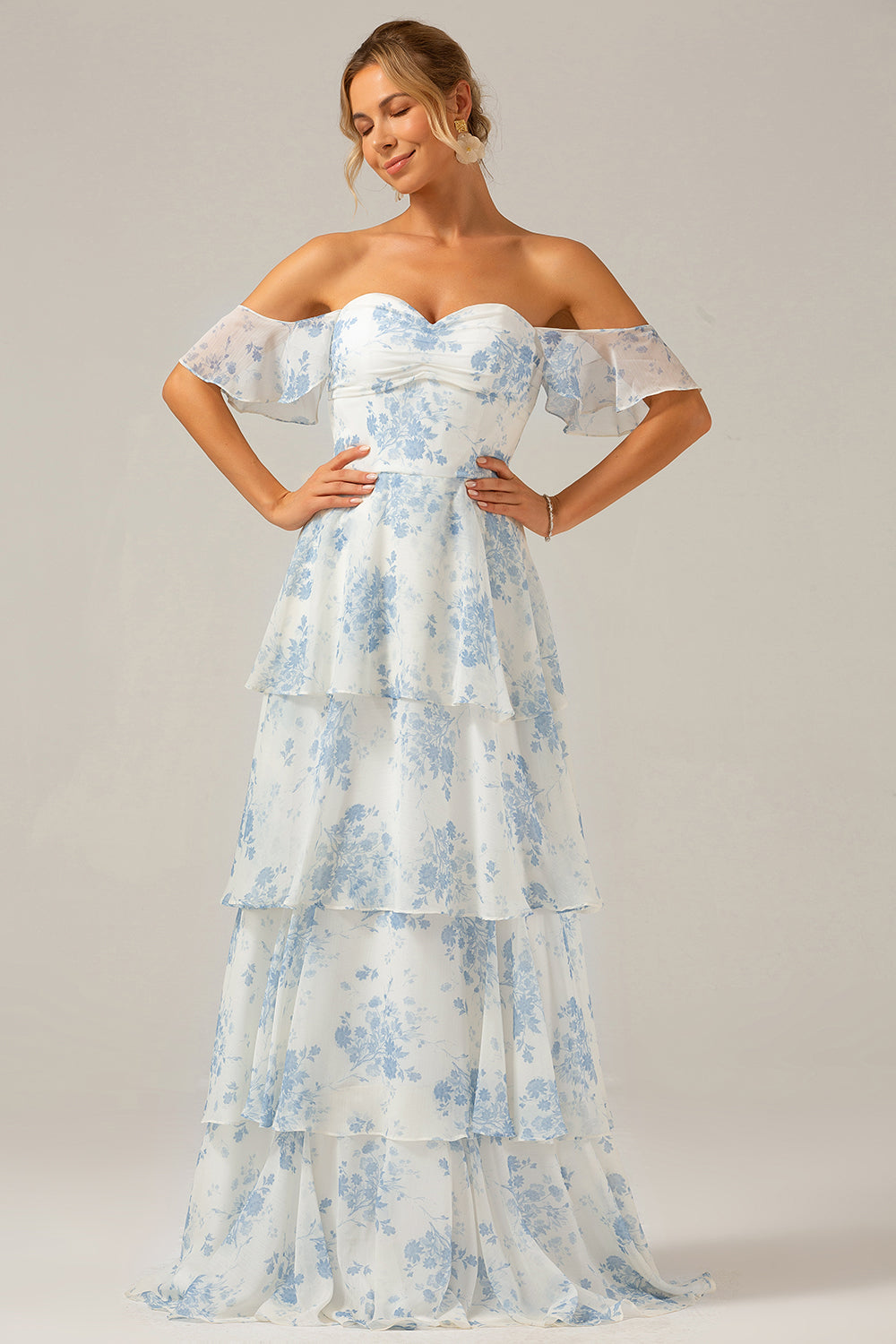 Zapakasa Women White Blue Floral Boho Chiffon Ruffled Long Bridesmaid Dress Off the Shoulder Wedding Party Dress Zapakasa Women White Blue Floral Boho Chiffon Ruffled Long Bridesmaid Dress Off the Shoulder Wedding Party Dress