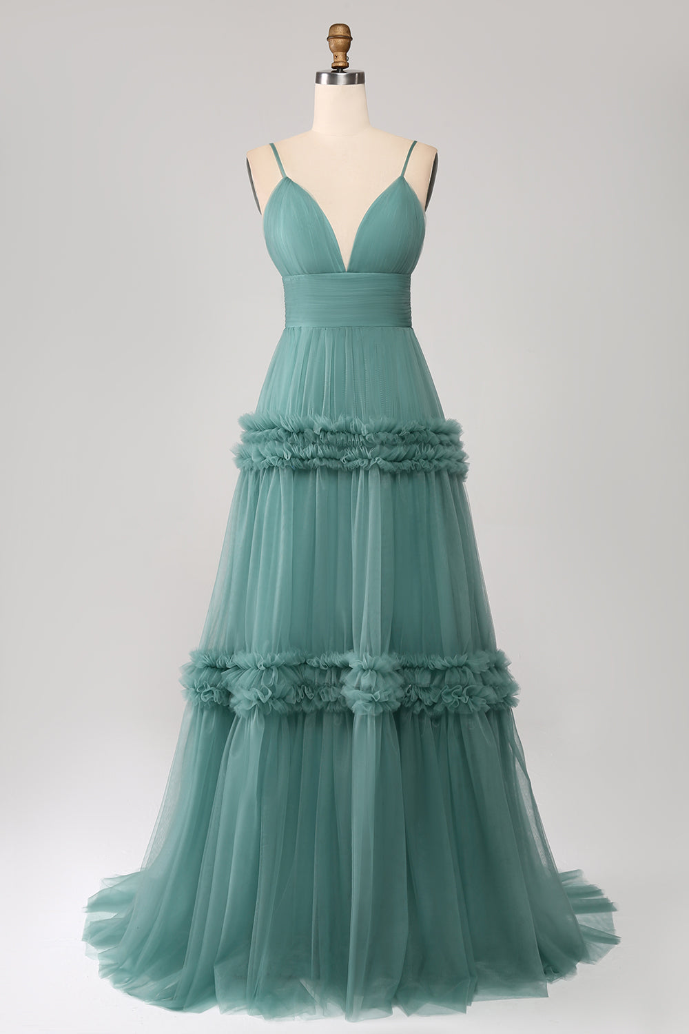 Green A Line Spaghetti Straps Tulle Long Prom Dress with Ruffles Green A Line Spaghetti Straps Tulle Long Prom Dress with Ruffles