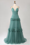 Green A Line Spaghetti Straps Tulle Long Prom Dress with Ruffles Green A Line Spaghetti Straps Tulle Long Prom Dress with Ruffles