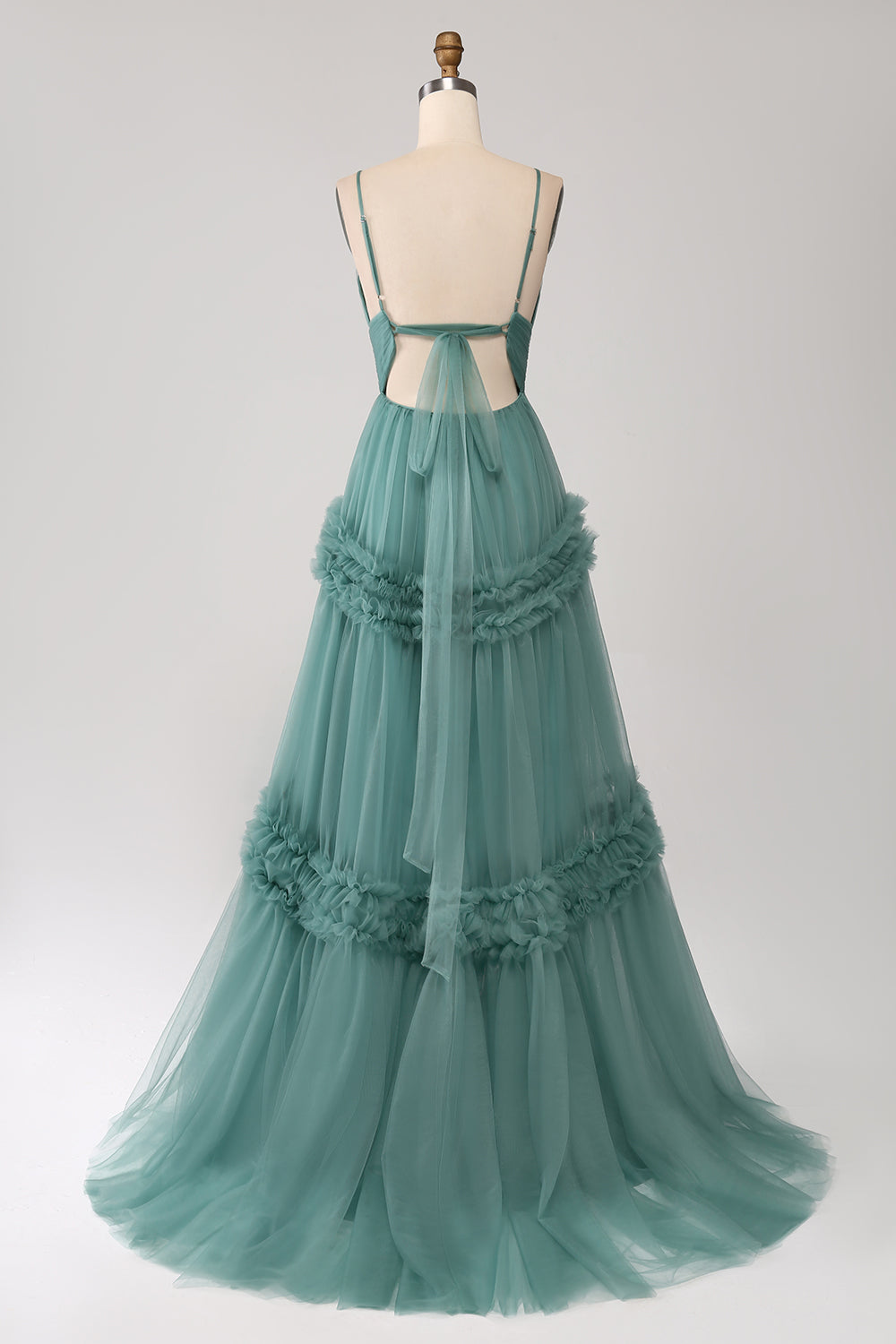 Green A Line Spaghetti Straps Tulle Long Prom Dress with Ruffles Green A Line Spaghetti Straps Tulle Long Prom Dress with Ruffles