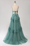 Green A Line Spaghetti Straps Tulle Long Prom Dress with Ruffles Green A Line Spaghetti Straps Tulle Long Prom Dress with Ruffles