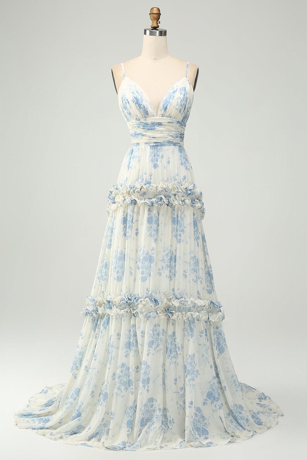 Zapakasa Women White Blue Flower Bridesmaid Dress with Ruffles A Line Spaghetti Straps Long Tulle Wedding Guest Dress Zapakasa Women White Blue Flower Bridesmaid Dress with Ruffles A Line Spaghetti Straps Long Tulle Wedding Guest Dress