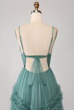 Green A Line Spaghetti Straps Tulle Long Prom Dress with Ruffles Green A Line Spaghetti Straps Tulle Long Prom Dress with Ruffles