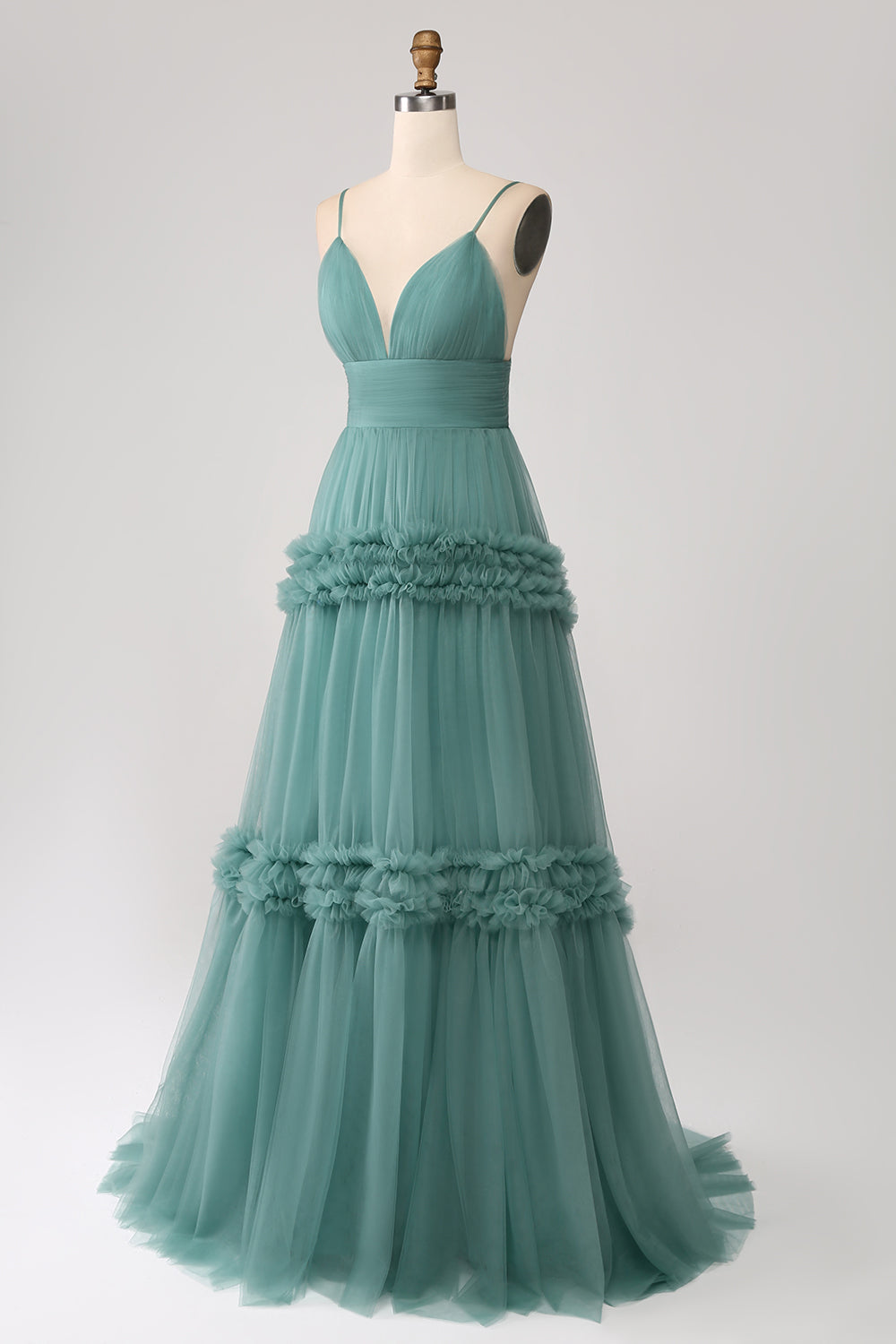 Green A Line Spaghetti Straps Tulle Long Prom Dress with Ruffles Green A Line Spaghetti Straps Tulle Long Prom Dress with Ruffles
