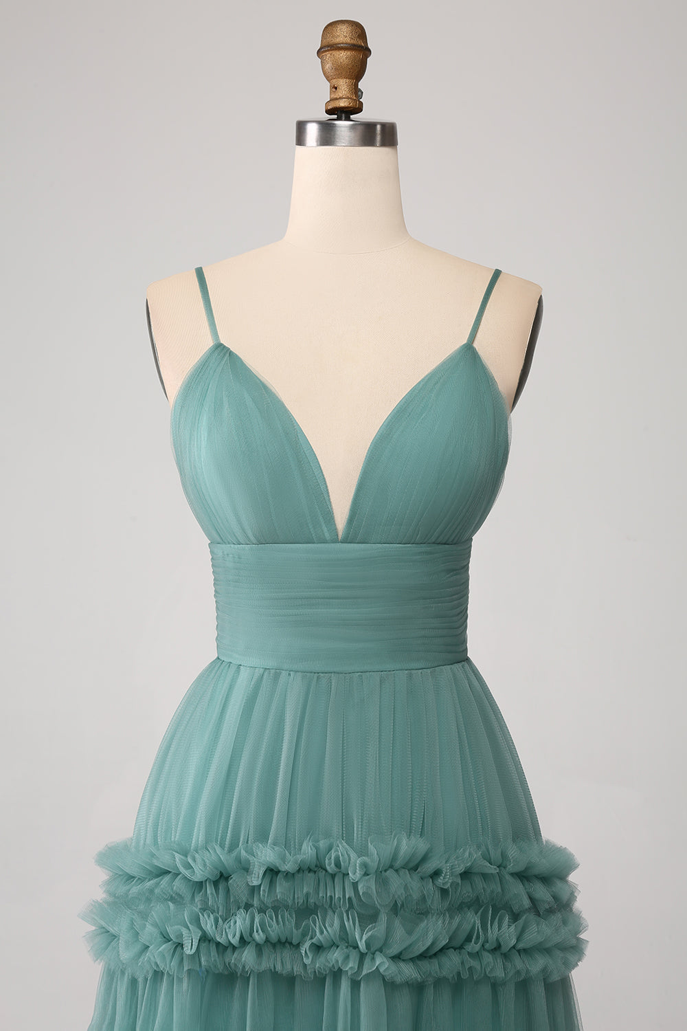 Green A Line Spaghetti Straps Tulle Long Prom Dress with Ruffles Green A Line Spaghetti Straps Tulle Long Prom Dress with Ruffles
