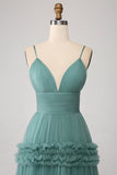 Green A Line Spaghetti Straps Tulle Long Prom Dress with Ruffles Green A Line Spaghetti Straps Tulle Long Prom Dress with Ruffles