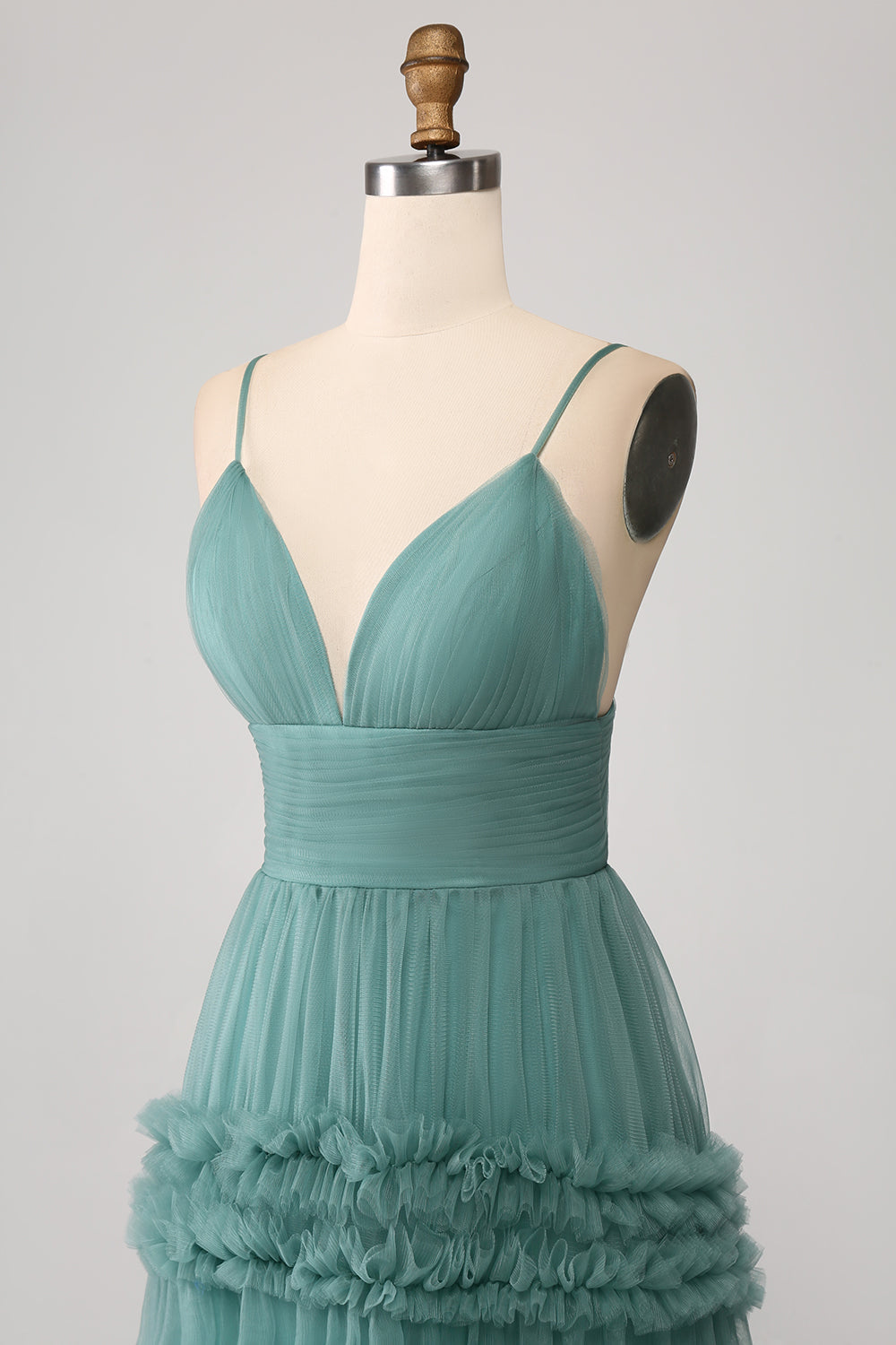 Green A Line Spaghetti Straps Tulle Long Prom Dress with Ruffles Green A Line Spaghetti Straps Tulle Long Prom Dress with Ruffles