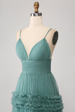 Green A Line Spaghetti Straps Tulle Long Prom Dress with Ruffles Green A Line Spaghetti Straps Tulle Long Prom Dress with Ruffles