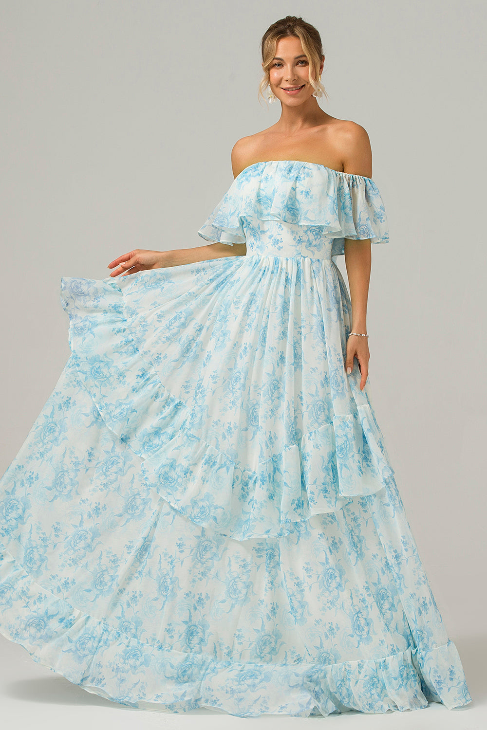 Zapakasa Women White Blue Floral Boho Long Bridesmaid Dress with Ruffles Off the Shoulder Wedding Guest Dress Zapakasa Women White Blue Floral Boho Long Bridesmaid Dress with Ruffles Off the Shoulder Wedding Guest Dress