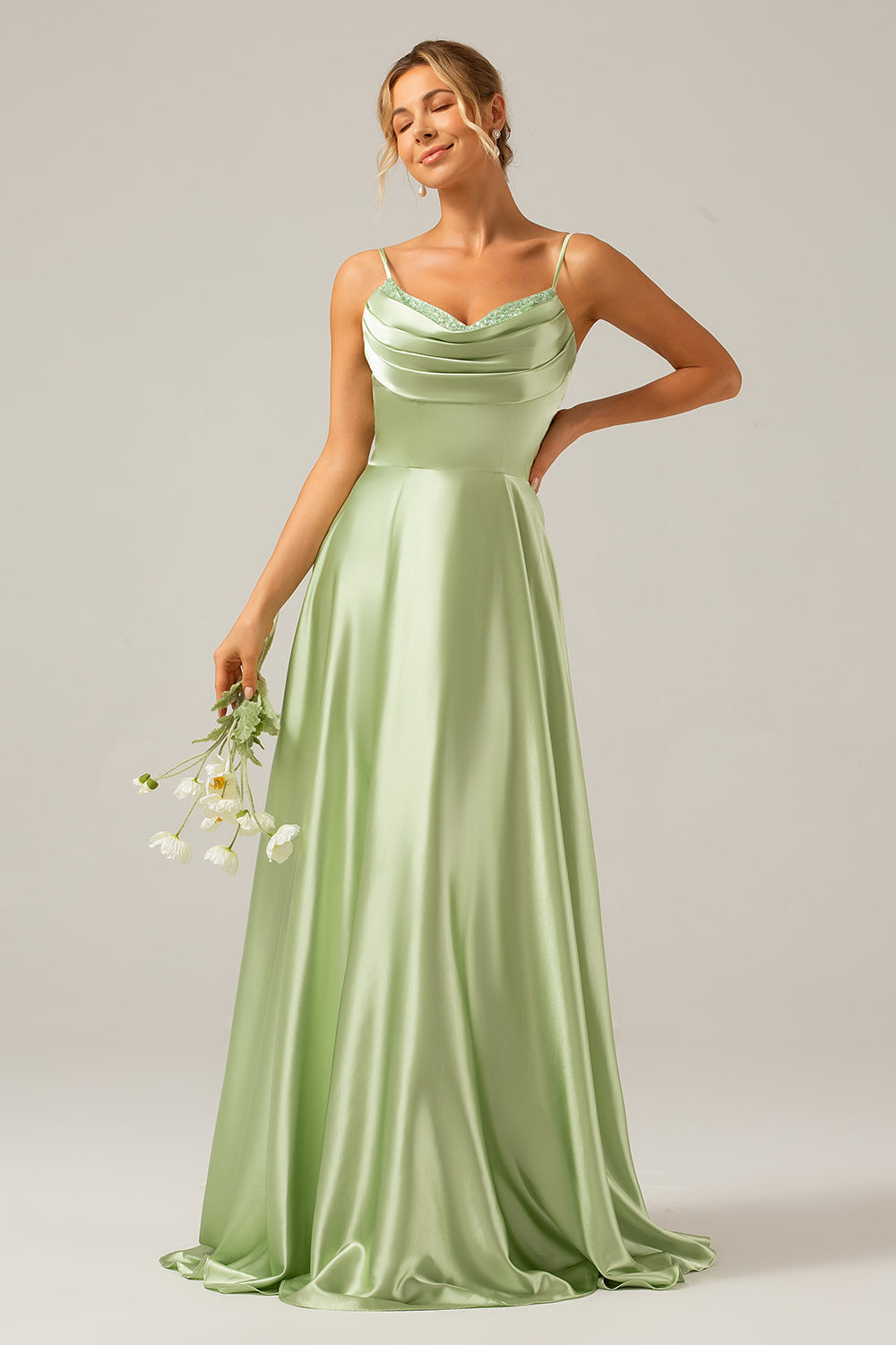 Zapakasa Women Dusty Sage Bridesmaid Dress with Pleated A Line Cowl Neck Satin Long Prom Dress Zapakasa Women Dusty Sage Bridesmaid Dress with Pleated A Line Cowl Neck Satin Long Prom Dress