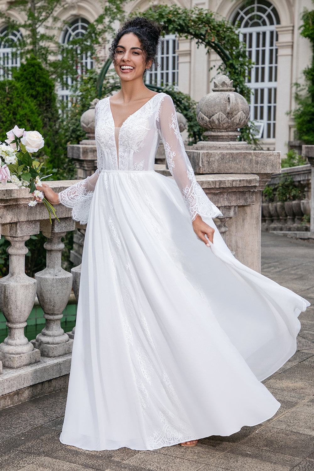Zapakasa Women White Wedding Dress with Lace Appliqued A Line V Neck Long Sleeves Beach Boho Bridal Dress Zapakasa Women White Wedding Dress with Lace Appliqued A Line V Neck Long Sleeves Beach Boho Bridal Dress