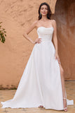 Elegant White A Line Strapless Pleated Corset Wedding Dress With Slit Elegant White A Line Strapless Pleated Corset Wedding Dress With Slit
