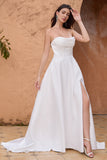 Elegant White A Line Strapless Pleated Corset Wedding Dress With Slit Elegant White A Line Strapless Pleated Corset Wedding Dress With Slit