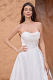 Elegant White A Line Strapless Pleated Corset Wedding Dress With Slit Elegant White A Line Strapless Pleated Corset Wedding Dress With Slit