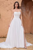 Elegant White A Line Strapless Pleated Corset Wedding Dress With Slit Elegant White A Line Strapless Pleated Corset Wedding Dress With Slit