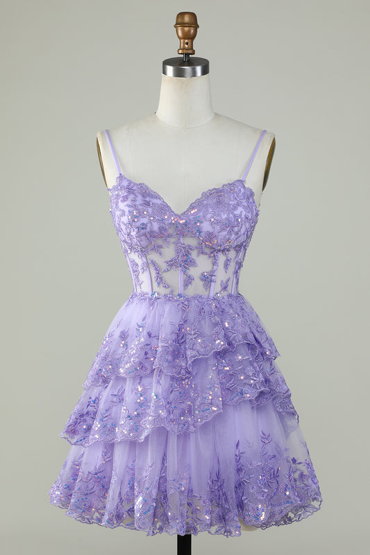 Zapakasa Women Sparkly Purple Corset Tiered Homecoming Dress Spaghetti Straps A Line Short Cocktail Dress with Sequins