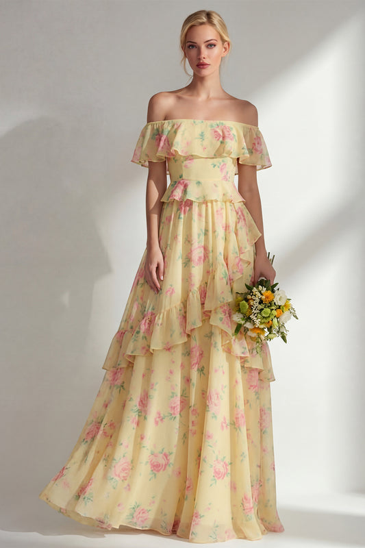 Butter Yellow Flower A Line Off the Shoulder Long Beach Bridesmaid Dress with Ruffles