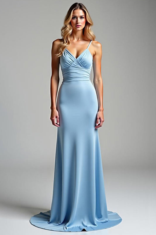 Simple Sky Blue Sheath Satin Spaghetti Straps Long Prom Dress