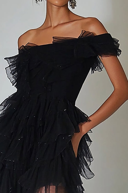 Black Tulle Bodycon Off the Shoulder Short Cocktail Dress with Ruffles