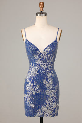 Dark Blue Bodycon Sparkly Embroidery Spaghetti Straps Homecoming Dress