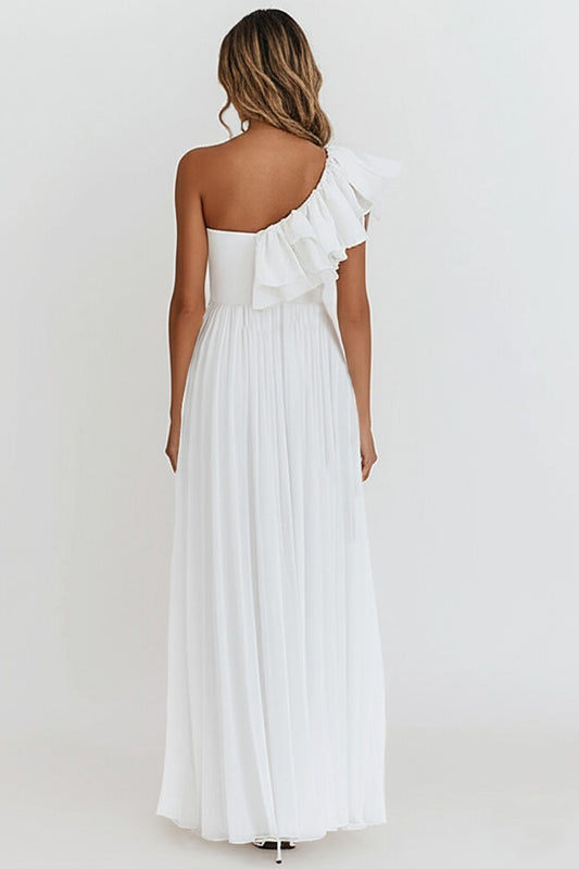 White Chiffon A Line One Shoulder Engagement Dress with Ruffles