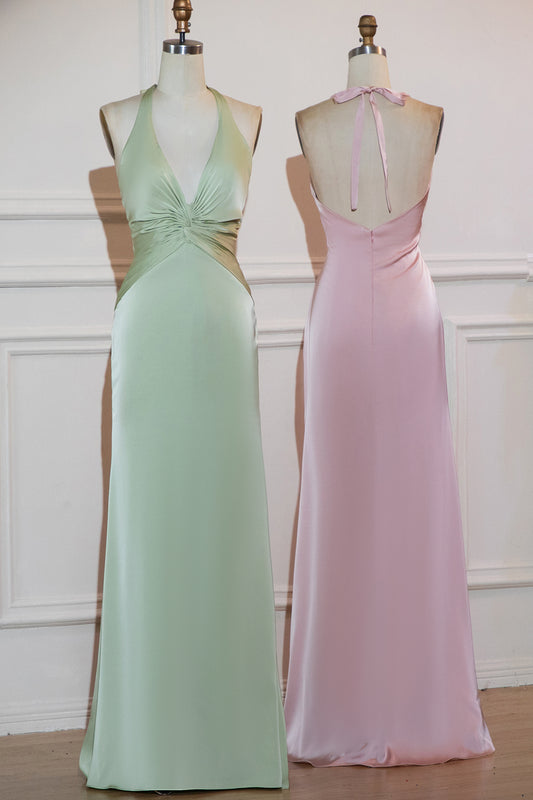 Elegant Dusty Sage Satin Halter Mermaid Bridesmaid Dress Open Back Maxi Prom Dress