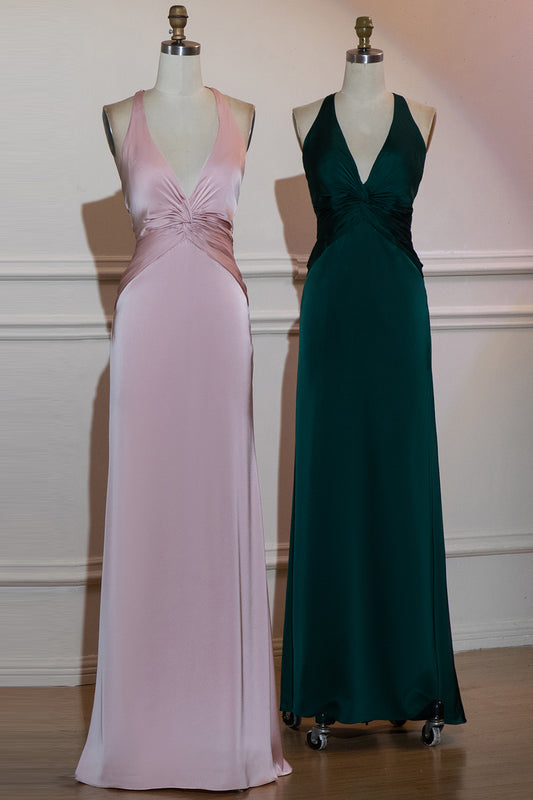 Elegant Blush Pink Satin Halter Mermaid Bridesmaid Dress Open Back Maxi Prom Dress