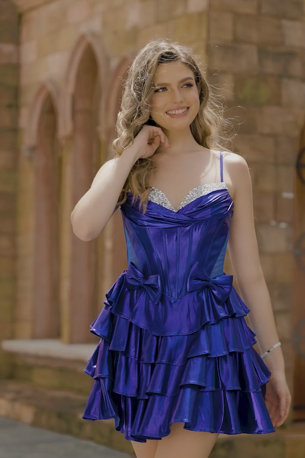 Sparkly Royal Blue Corset Metallic Short Ruffled Homecoming Dress with Bows Sparkly Royal Blue Corset Metallic Short Ruffled Homecoming Dress with Bows