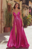 Sparkly Fuchsia Metallic Pleated Spaghetti Straps Long Prom Dress with Slit Sparkly Fuchsia Metallic Pleated Spaghetti Straps Long Prom Dress with Slit