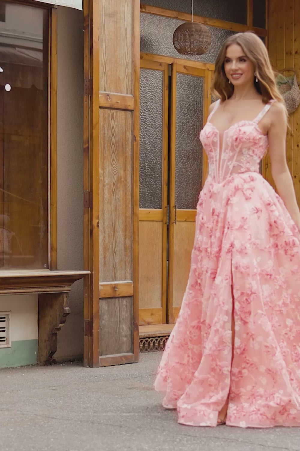 Pink Off The Shoulder A-Line Corset 3D Butterflies Floral Prom Dress with Slit Pink Off The Shoulder A-Line Corset 3D Butterflies Floral Prom Dress with Slit