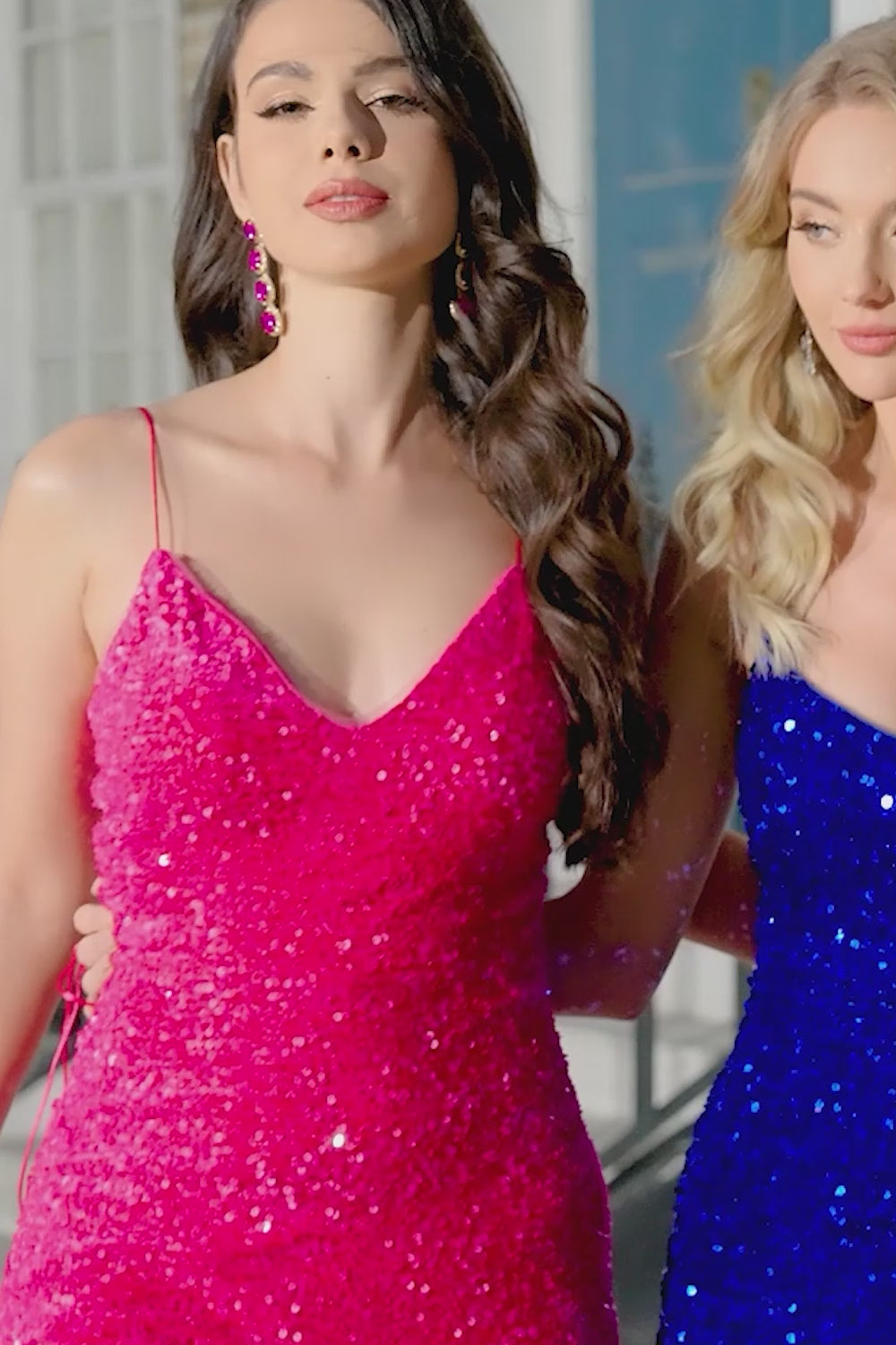 Sparkly Fuchsia Mermaid Spaghetti Straps V-Neck Sequin Long Prom Dress With Split Sparkly Fuchsia Mermaid Spaghetti Straps V-Neck Sequin Long Prom Dress With Split