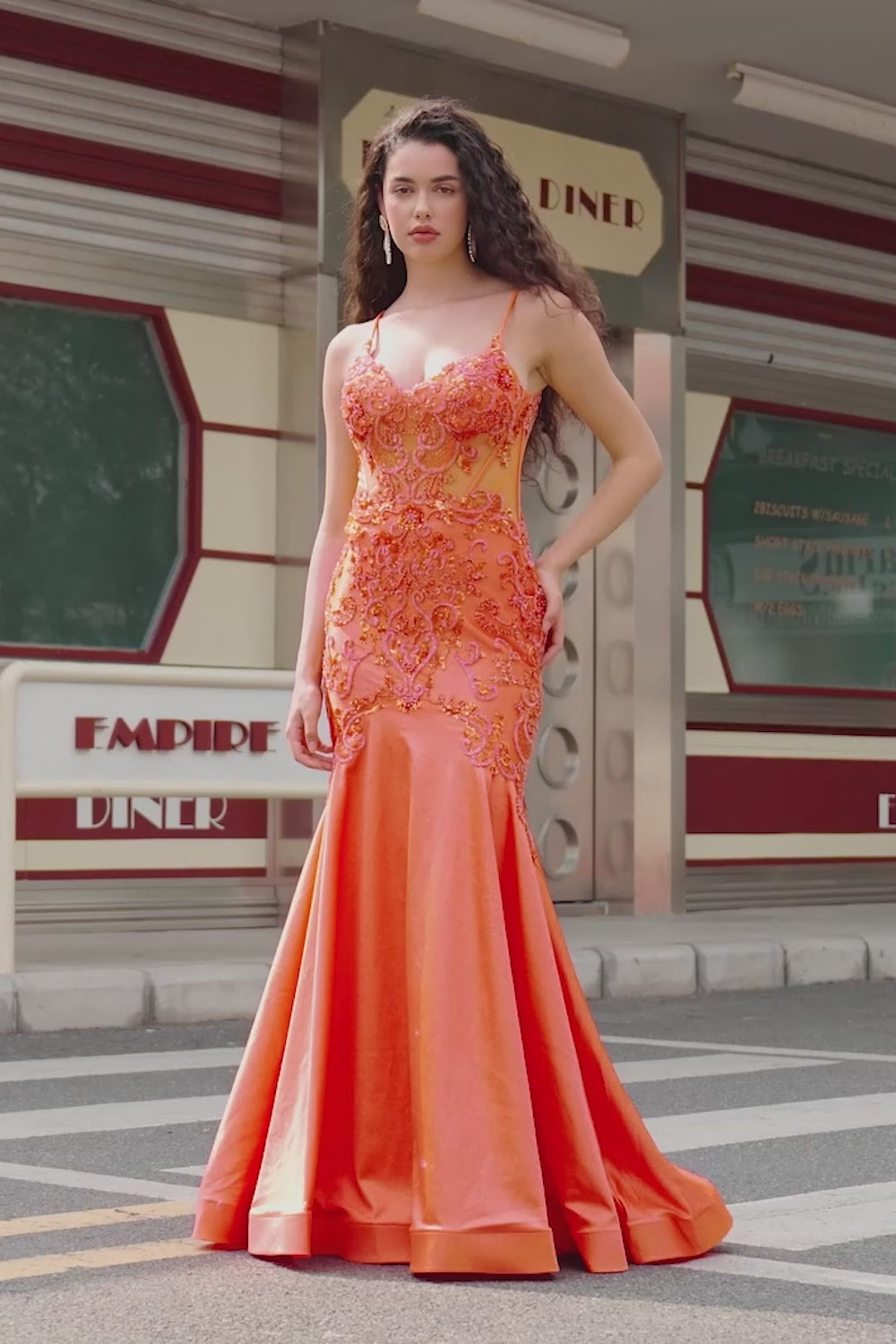 Sparkly Orange Mermaid Spaghetti Straps Beaded Corset Prom Dress with Lace Sparkly Orange Mermaid Spaghetti Straps Beaded Corset Prom Dress with Lace