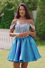 Sparkly Blue A-Line Off the Shoulder Beaded Satin Homecoming Dress Sparkly Blue A-Line Off the Shoulder Beaded Satin Homecoming Dress