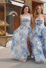 White Blue Flower A-Line Strapless Tiered Long Prom Dress with Bows White Blue Flower A-Line Strapless Tiered Long Prom Dress with Bows
