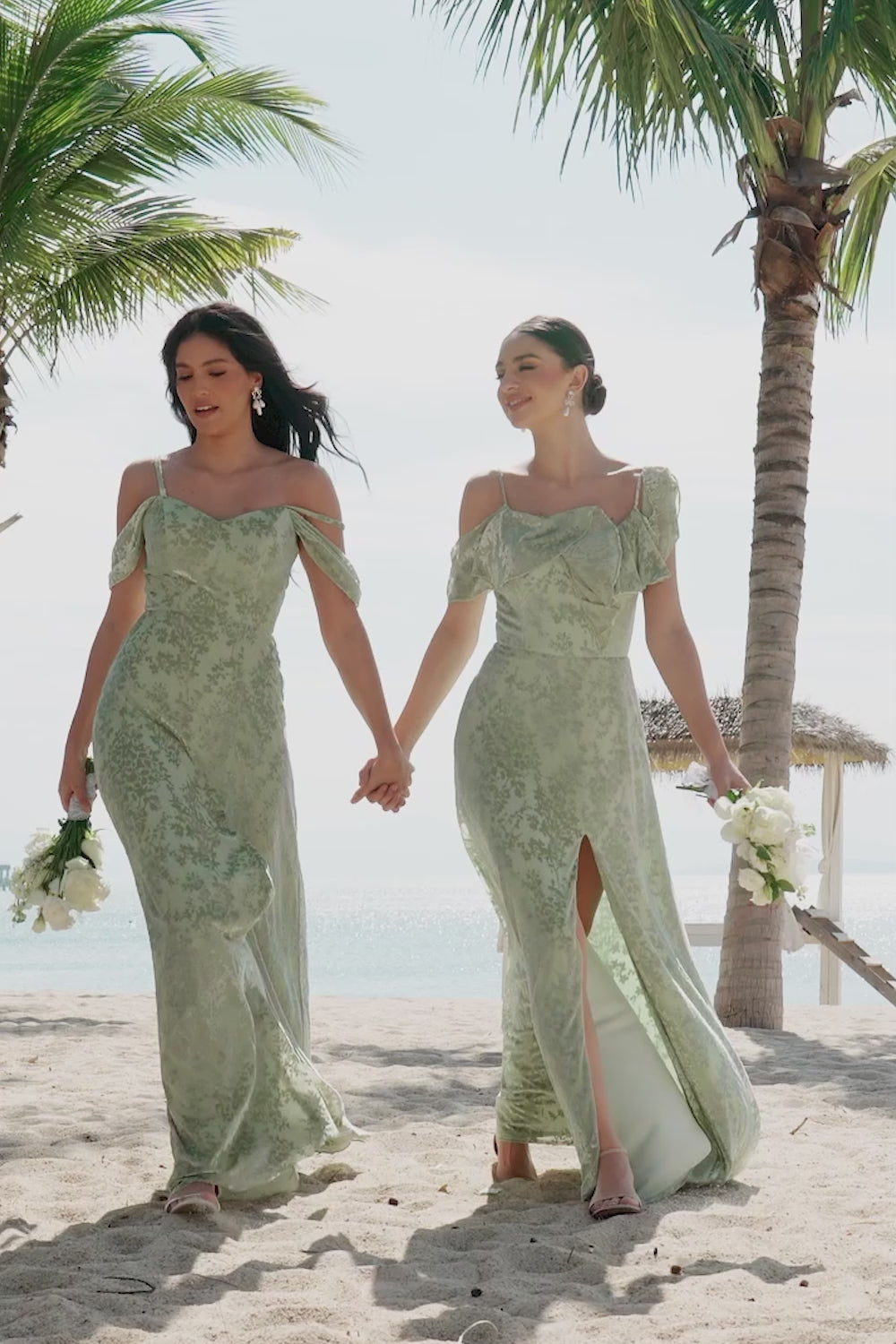 Dusty Sage Cold Shoulder A-Line Jacquard Long Bridesmaid Dress with Slit Dusty Sage Cold Shoulder A-Line Jacquard Long Bridesmaid Dress with Slit