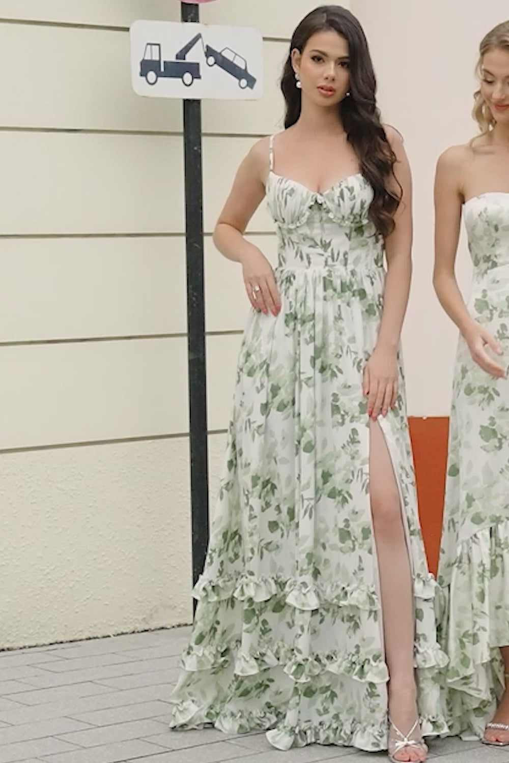 A-Line Spaghetti Straps Green Printed Long Prom Dress With Slit