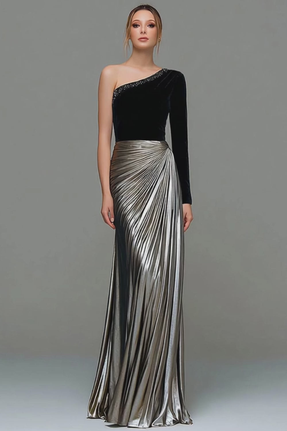Sparkly Black and Grey Metallic One Shoulder Long Holiday Party Dress Sparkly Black and Grey Metallic One Shoulder Long Holiday Party Dress