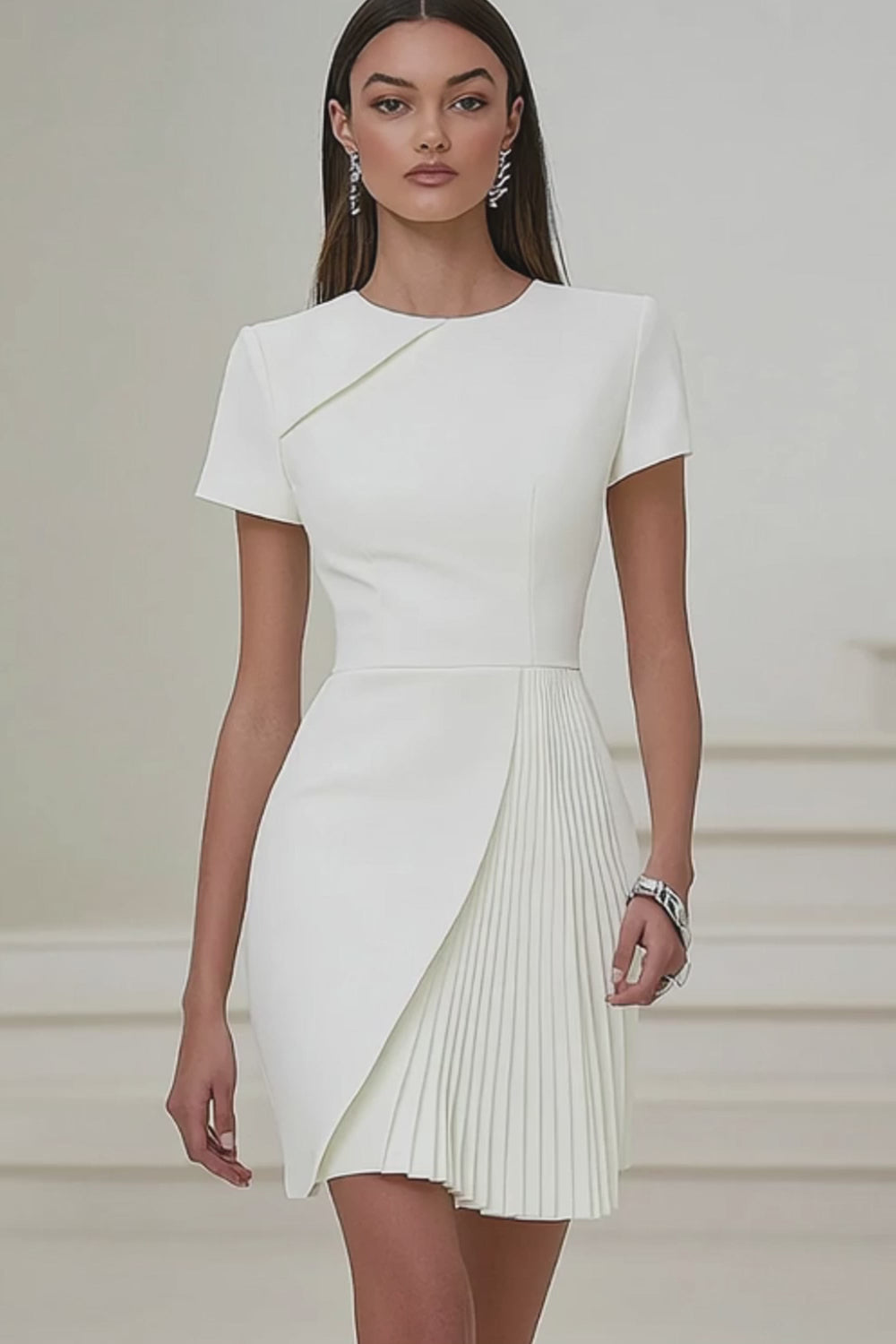 Dusty Blue Bodycon Round Neck Satin Work Dress with Short Sleeves Dusty Blue Bodycon Round Neck Satin Work Dress with Short Sleeves