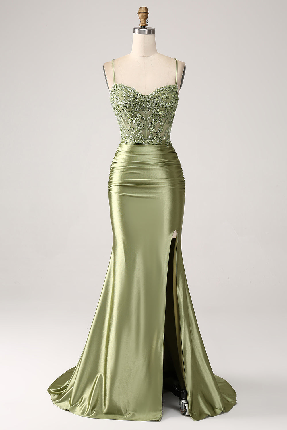 Zapakasa Women Long Prom Dress Mermaid Sage Spaghetti Straps Lace-up Back Party Dress With Slit Zapakasa Women Long Prom Dress Mermaid Sage Spaghetti Straps Lace-up Back Party Dress With Slit
