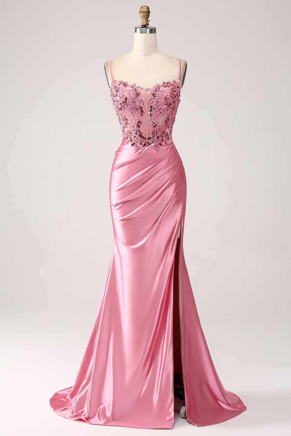 Zapakasa Women Pink Satin Mermaid Corset Prom Dress with Slit Spaghetti Straps Long Party Dress Zapakasa Women Pink Satin Mermaid Corset Prom Dress with Slit Spaghetti Straps Long Party Dress