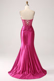 Fuchsia Mermaid Sweetheart Pleated Long Corset Satin Prom Dress With Slit Fuchsia Mermaid Sweetheart Pleated Long Corset Satin Prom Dress With Slit