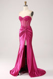 Fuchsia Mermaid Sweetheart Pleated Long Corset Satin Prom Dress With Slit Fuchsia Mermaid Sweetheart Pleated Long Corset Satin Prom Dress With Slit