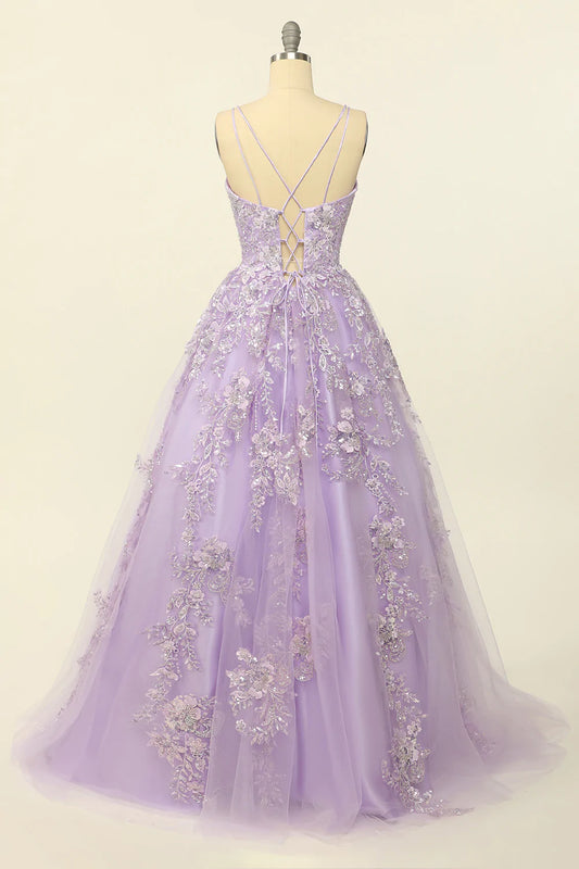 Purple Spaghetti Straps Prom Dress With Appliques