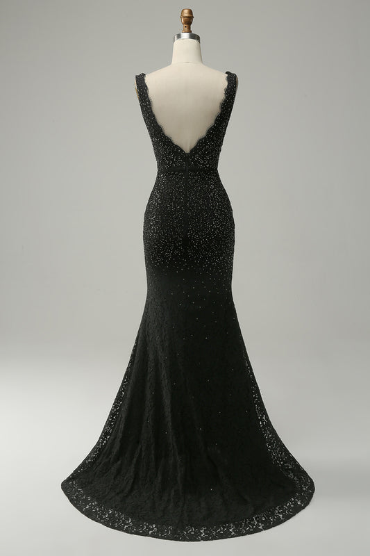 Mermaid Beaded V-Neck Black Prom Dress