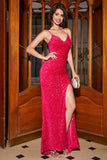 Sparkly Fuchsia Mermaid Spaghetti Straps V-Neck Sequin Long Prom Dress With Split Sparkly Fuchsia Mermaid Spaghetti Straps V-Neck Sequin Long Prom Dress With Split